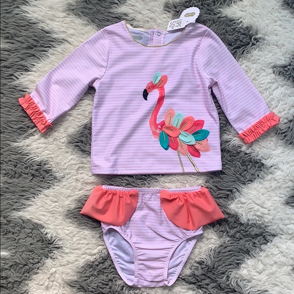 NWT Girls Coral Flamingo Rashguard Set - Picture 2 of 3